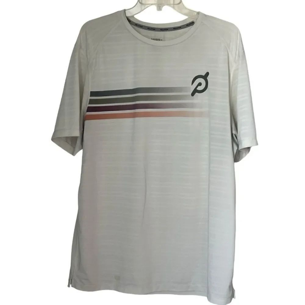 Peloton Men's Crew Neck Short Sleeve Stripe Logo Graphic Print Athletic Shirt L